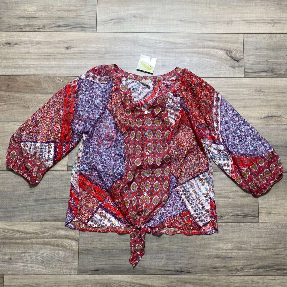 Fig‎ & Flower Womens 3/4 Sleeve Front Knot Button Up Blouse Size Large